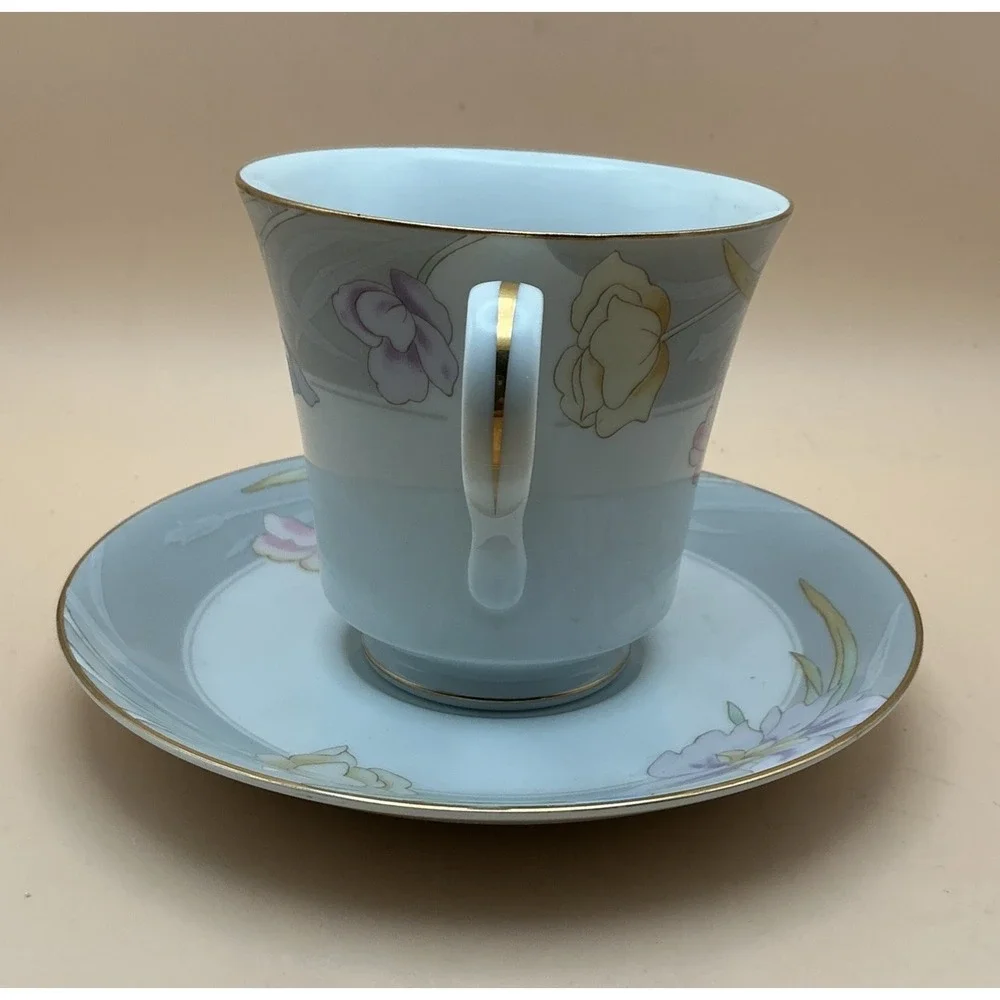 Mikasa Charisma Gray Cup Saucer Set Fine China Floral Gold Trim Vintage L9049